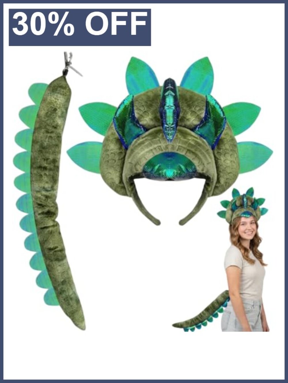 Triceratops Dinosaur Headband & Tail Costume Set with Horns